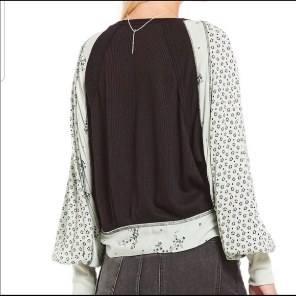 Free People Auxton Black Thermal Tie Waist Wrap V Neck Panel Sleeve Blouse - Picture 3 of 13